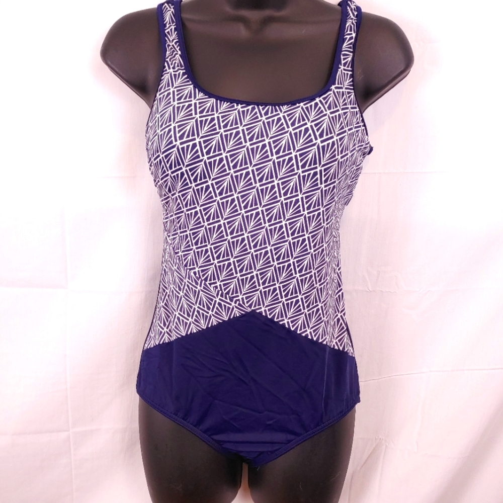 Lands End Blue & White Geometric Scoop Neck One Piece Swimsuit Size 6